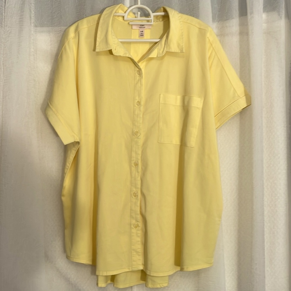 Como woman Vintage Cap Roll Sleeve Blouse Shirt Yellow Button up front S: Large